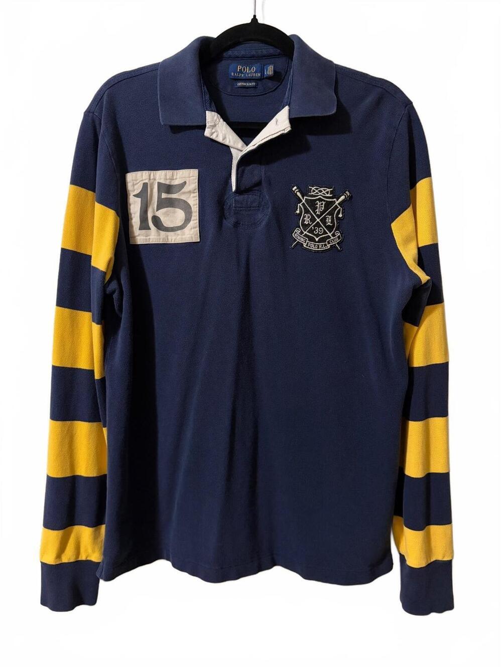 Polo Ralph Lauren Rugby Polo Shirt Mens L Navy Yellow Striped Sleeves